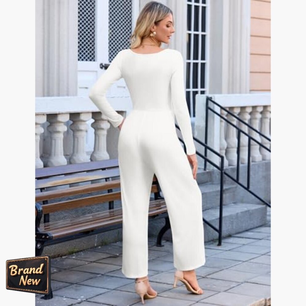 Long Sleeve Square Neck Jumpsuit with Pockets, Wide Leg, Medium - Picture 5 of 6